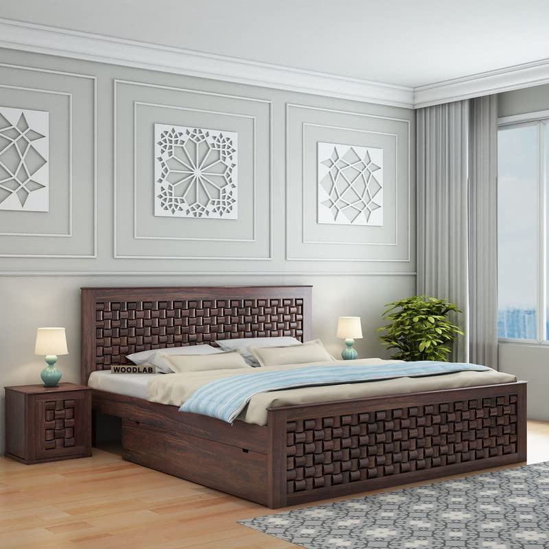 Image of WOODLAB Furniture Solid Sheesham Wood King Size Bed with 2 Side Drawer Storage and Niwar Style Headboard | Wooden Double Bed Cot Palang for Bedroom Living Room Home and Hotel (Walnut Finish)
