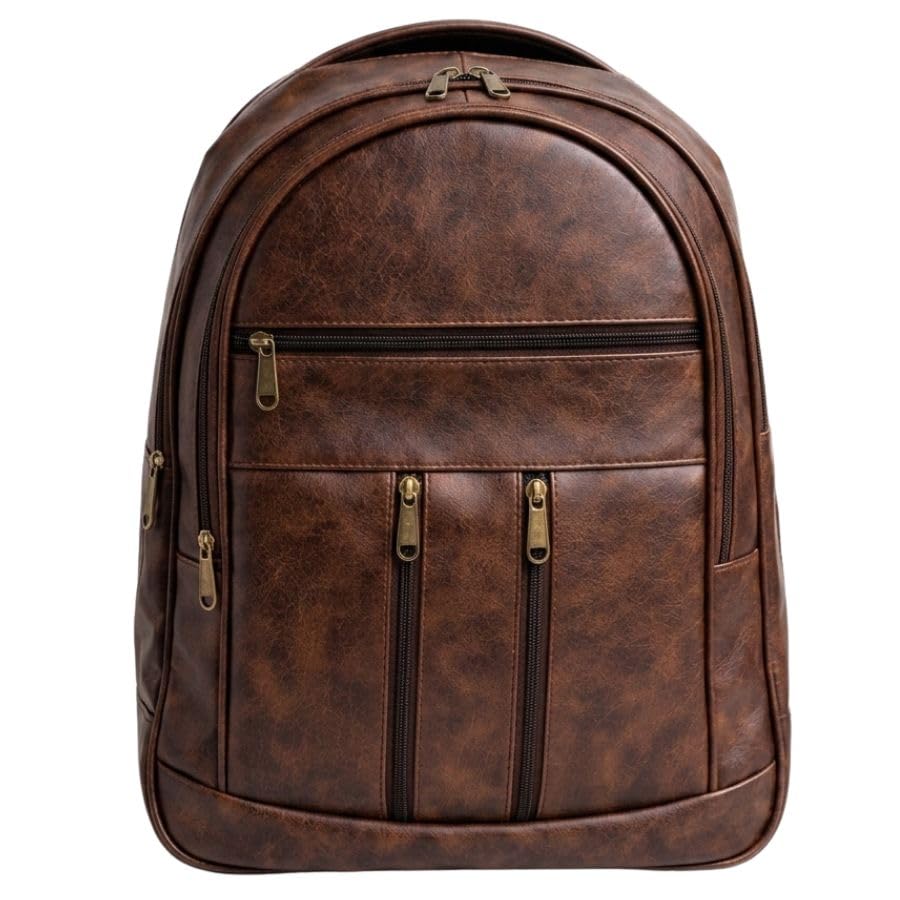 Image of Laptop Backpack for Men & Women | Black Faux Leather Office & Travel Bag 40L | Spacious Laptop Compartment | Front Organizer Pocket | College, Business & Daily Use