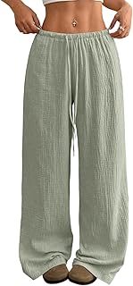 Acelitt Pantalones palazzo de lino para mujer, estilo casual, cintura elástica, pierna ancha, pantalones largos de algodón con bolsillos