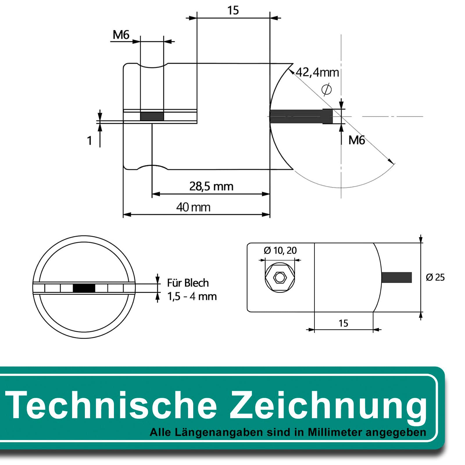 Uchwyt blaszany stal szlachetna V2A uchwyt do blachy perforowanej uchwyt do płyty Ø 42,4 mm x 10 sztuk
