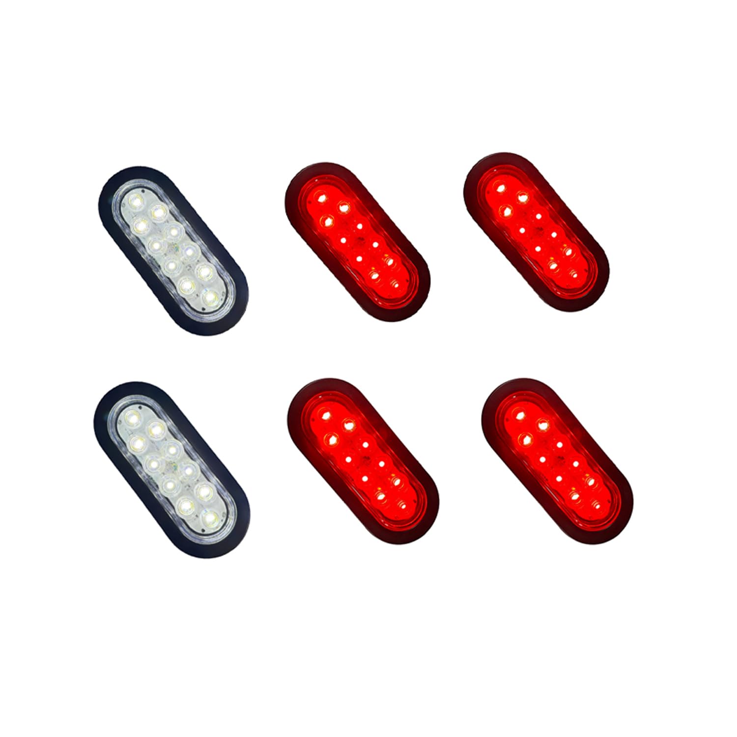 6PCS 6" Oval 10 LED Stop Turn Tail Brake Lights Running Reverse Lamp 12V For Truck Trailer Boat Bus Lorry Van caravan, 4* Red 2* White