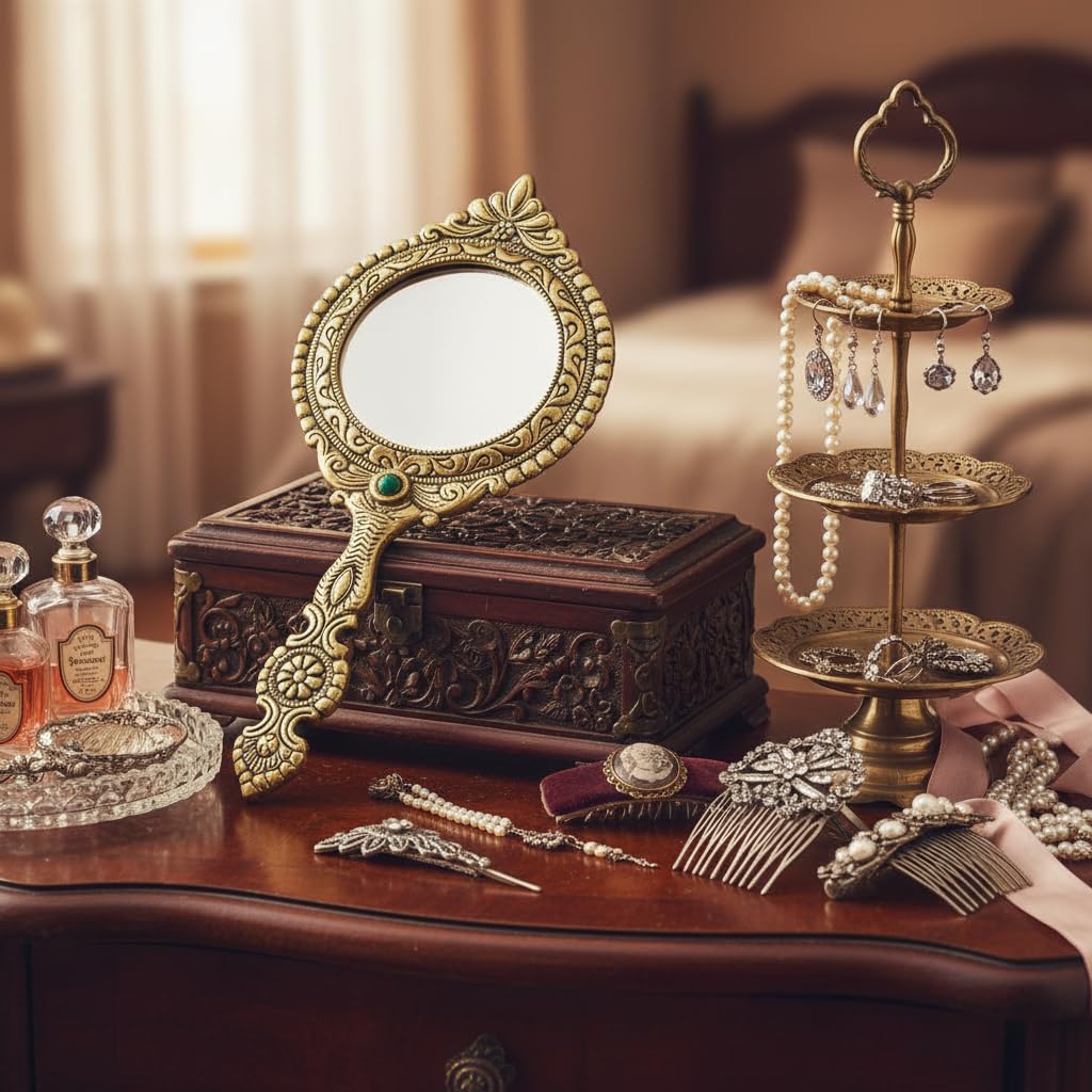 KridayKraft Beautifully Carved Round Shape Framed Gold Plating Metal Hand Mirror For Makeup, Travelling, Salon Mirror & Decorative Mirror Antique Item For Wedding Gifts.