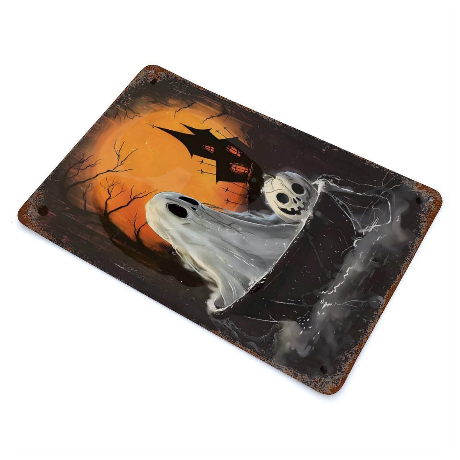 Spooky Halloween Ghost And Pumpkin Illustration 11.8"x7.9" Weathered Tin Sign, Decorative Metal Wall Art for Cafe, Home Bar And Lounge Decor