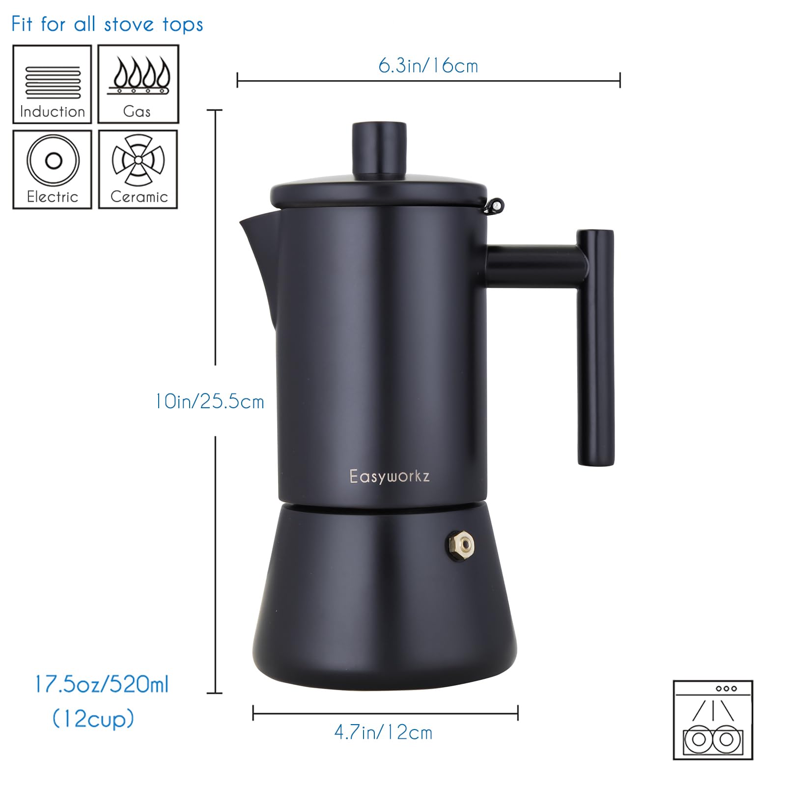Easyworkz Diego Stovetop Espresso Maker Stal nierdzewna Włoski ekspres do kawy 12 filiżanek 520 ml Moka Pot Indukcyjny Espresso Pot - Matowa czerń