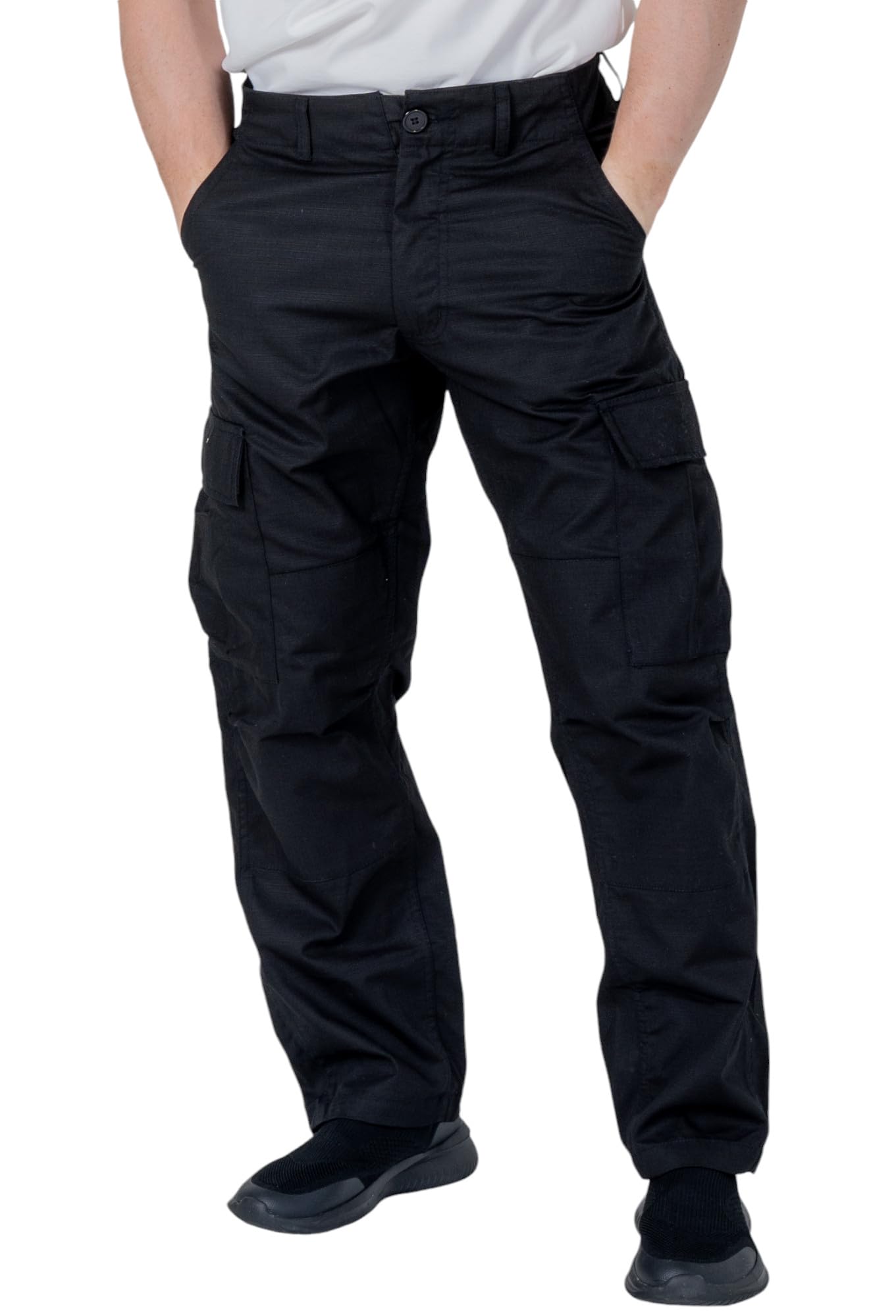Hi-Fell Men's Ripstop Relaxed Fit Cargo Combat Trousers Hiking Walking Camping Work Outdoor Pants – Black 28W 30L