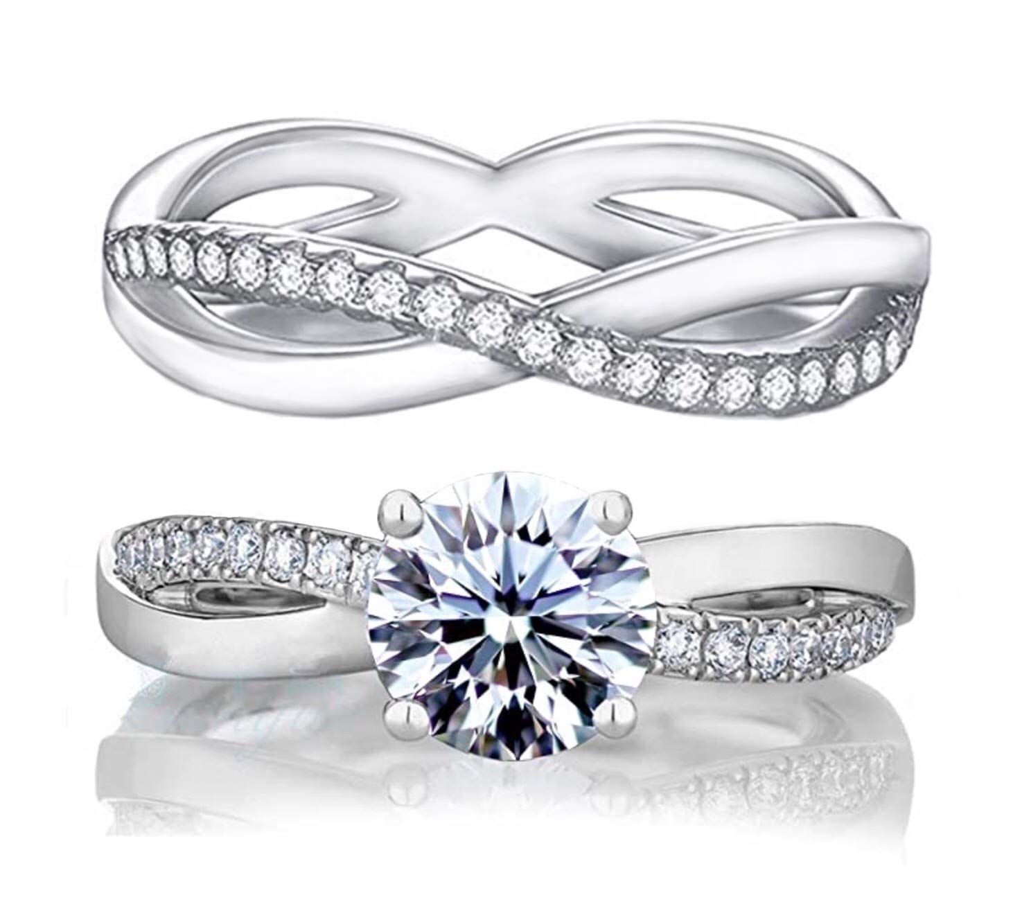 Diamonbella10 Hearts & Arrows 81 Facets Simulated Diamond Double Infinity Ring Band Set Solid 925 Silver