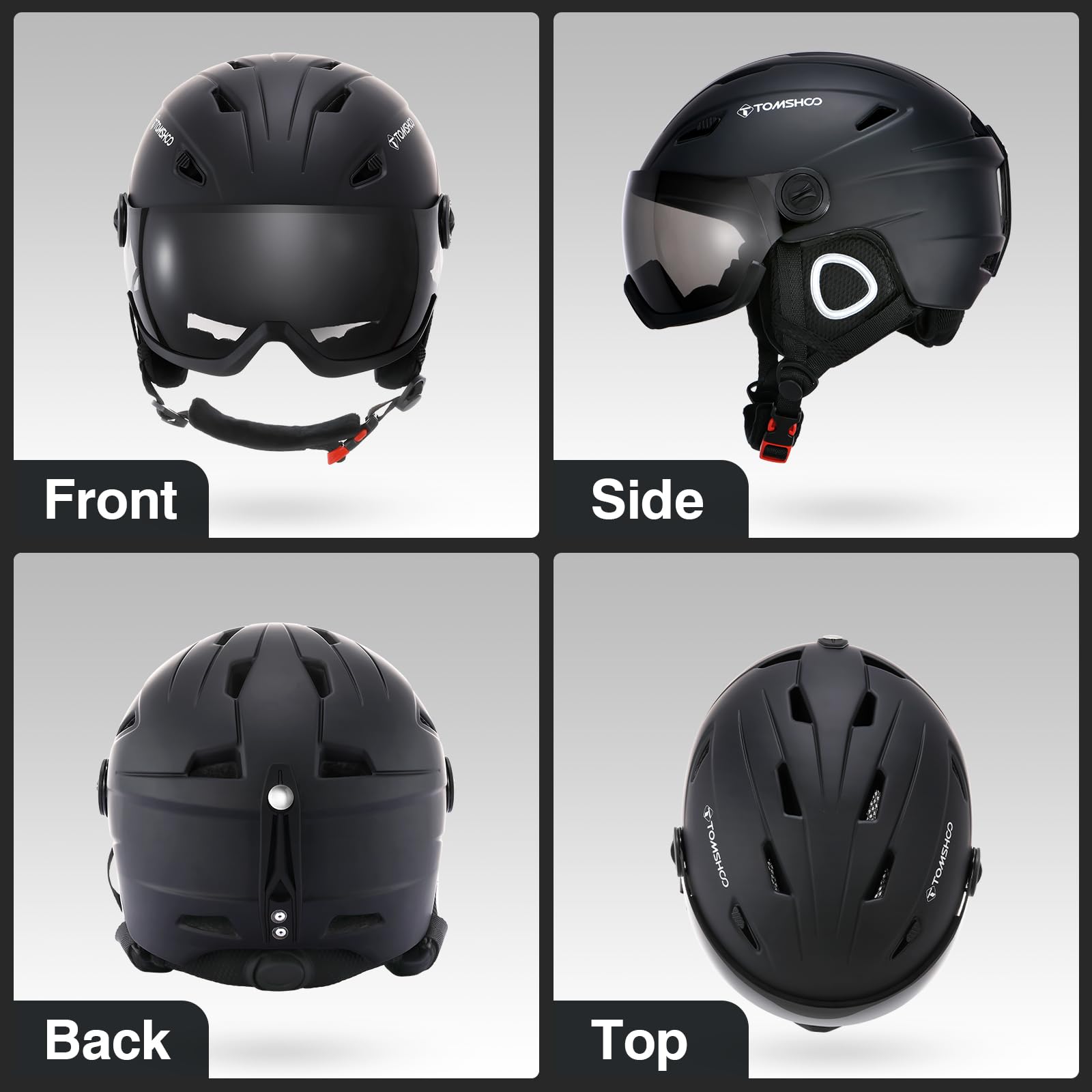 TOMSHOO Casco da Sci con Visiera, Caschi Sci Professionale con 14 Prese d'Aria Indipendenti, Fodera Rimovibile, Dimensione della Testa Regolabile per Sci Snowboard