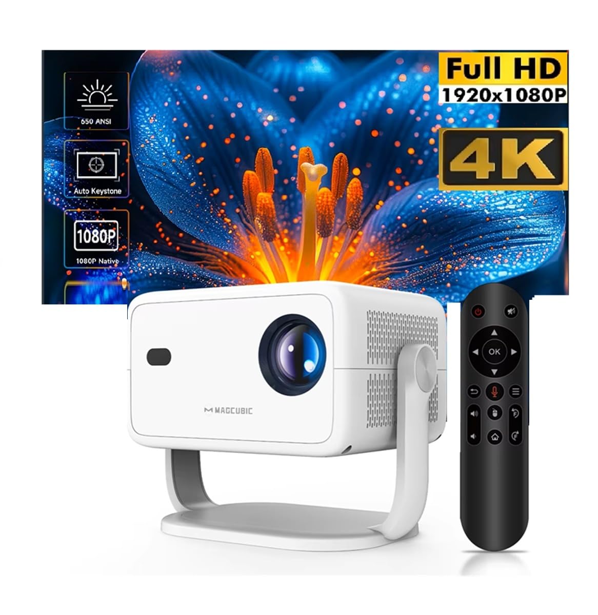 Proiettore Android 14 L018 nativo 1080P 650ANSI 4K con correzione trapezoidale automatica, messa a fuoco, Wi-Fi 6 BT5.2, portatile, per film all'aperto