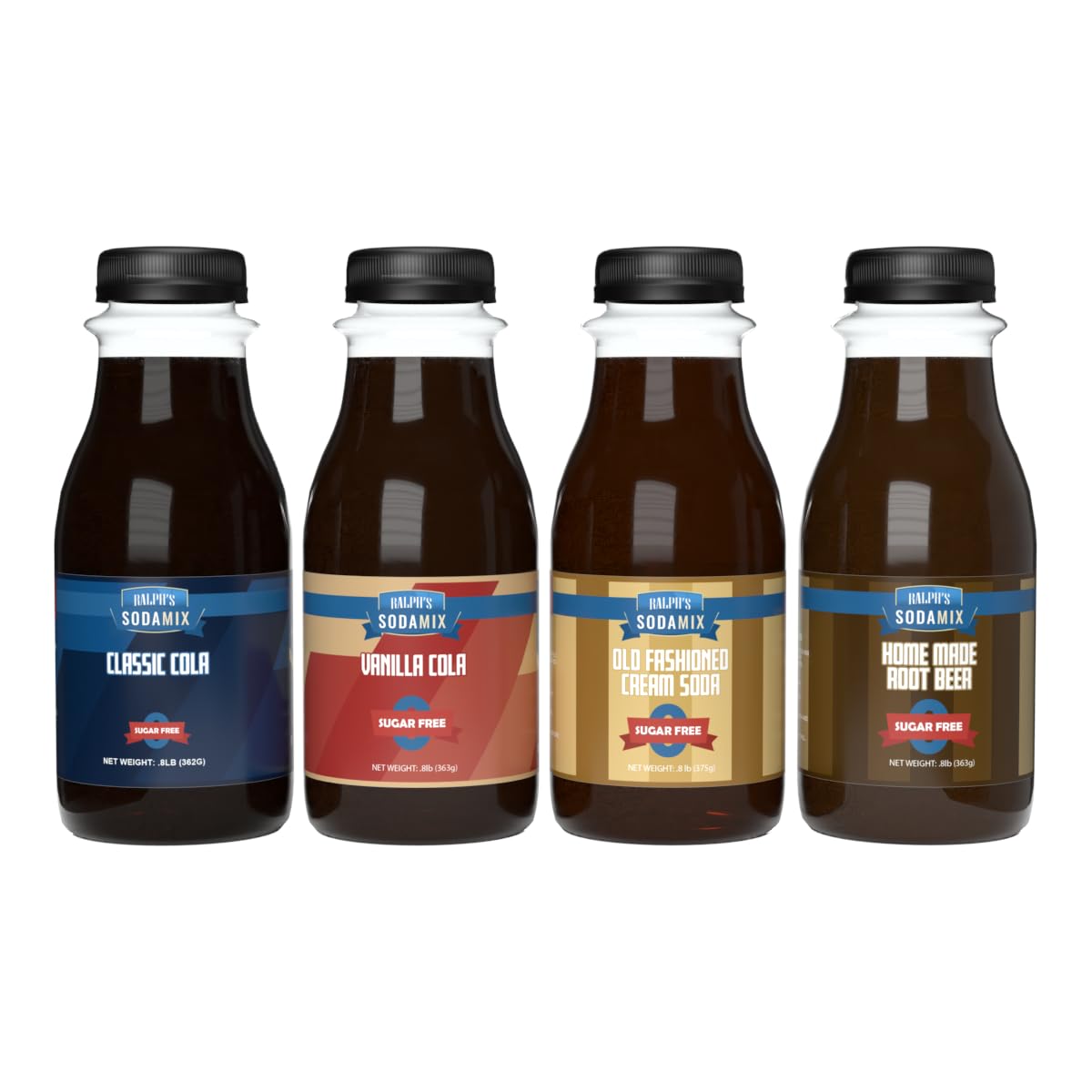 Ralph's 4 Sugar Free Sparkling Water Soda Maker Flavors Pack | Classic Cola | Classic Vanilla Cola | Cream Soda | Root Beer | Four 12oz Bottles |