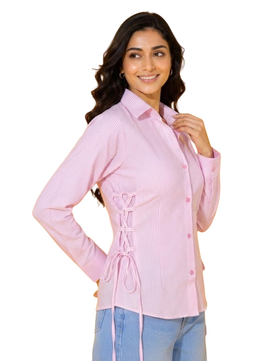 Women's Lace-Up Side Detail Long-Sleeve Pinstripe Casual Button-Down Cotton Shirt-picture-40