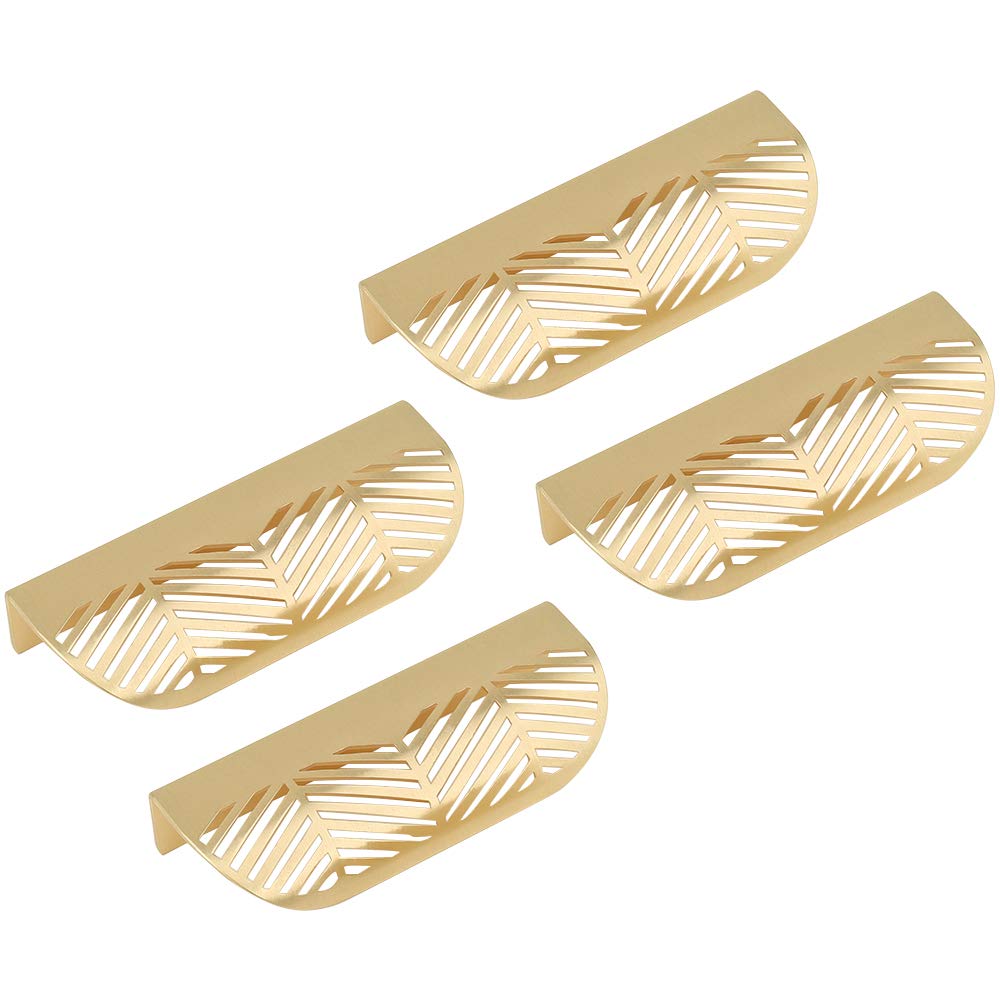 RZDEAL Solid Brass Cabinet Handles Brushed Gold Leaf Knobs and Pulls for Dresser Drawer Handles Edge Pulls,4-5/8"(117mm) Overall Length,4Pcs