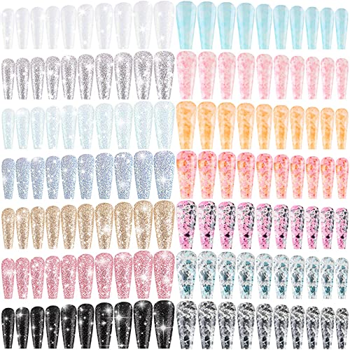 336 Pieces 14 Sets Extra Long Press on Nails Ballerina Coffin False Nails Glitter Full Cover Fake Nails Artificial Acrylic Nails for DIY Nail Art Salon Women Girls (Glitter and Tie-dye Pattern)