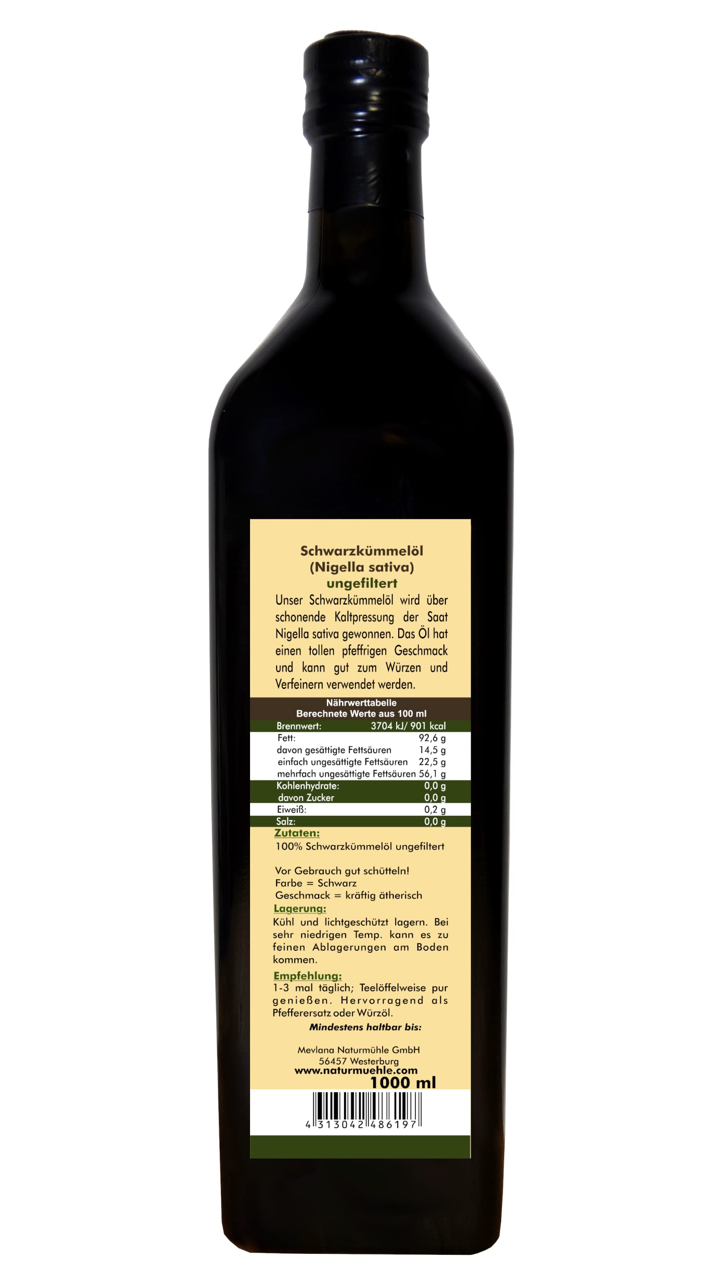 Mevlana Natural Molinillo egipcio schwarzkümmelöl, ungefiltert, prensado en frío, pressung, rohkost Calidad, 1er Pack (1 x 1 l)