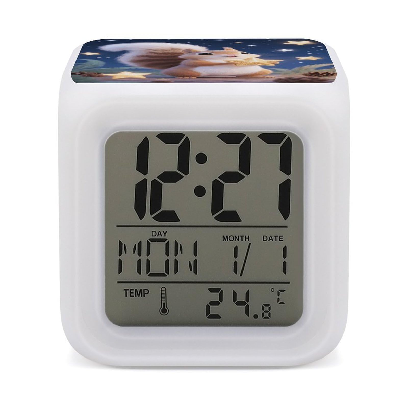 VstaDank Cute Squirrel Star Alarm Clock with Date Temperature Large LED Display Number Clocks with 7 Colors Changing Desk Clock Battery Operated Digital Clocks with Date for Heavy Sleepers