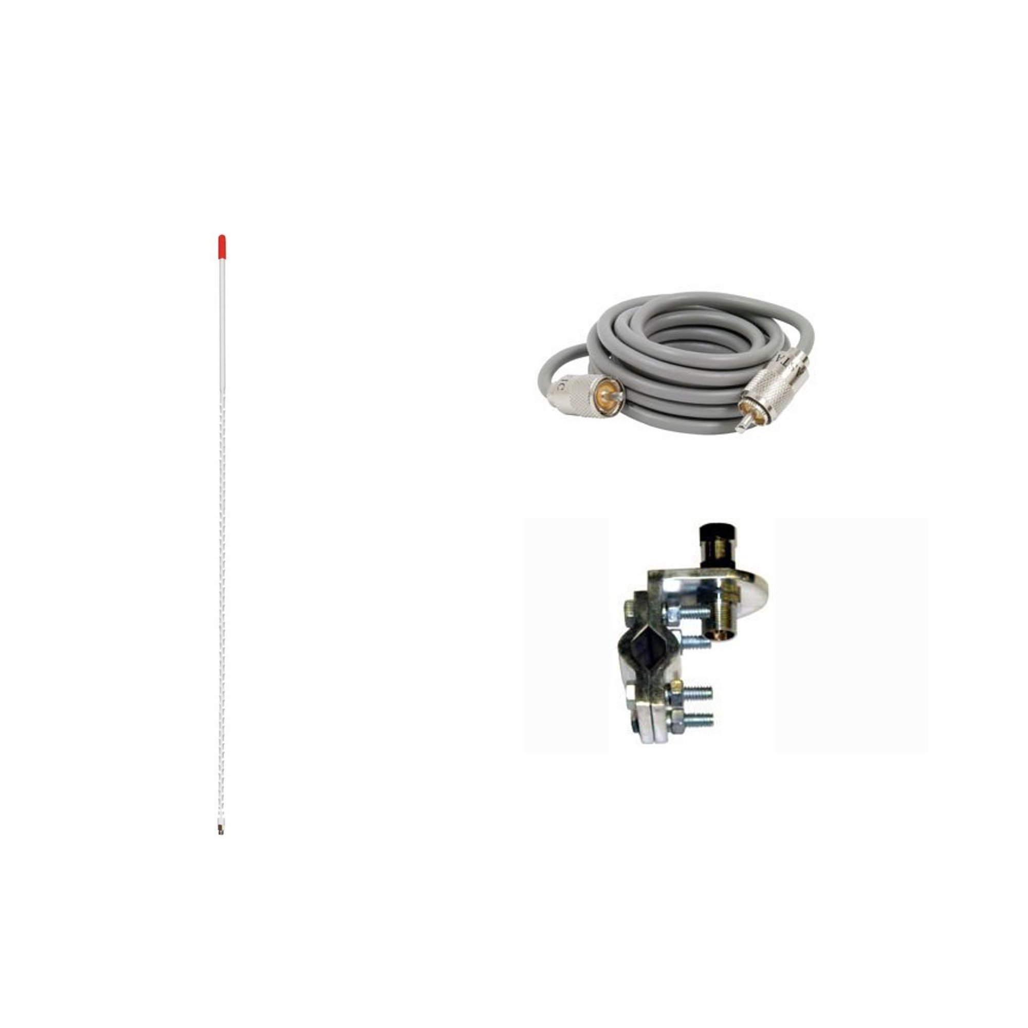 Pro Trucker Single 3' 750 Watt CB Radio Antenna Kit with Mirror Mount, Antenna Stud and 9' Coax Cable - White