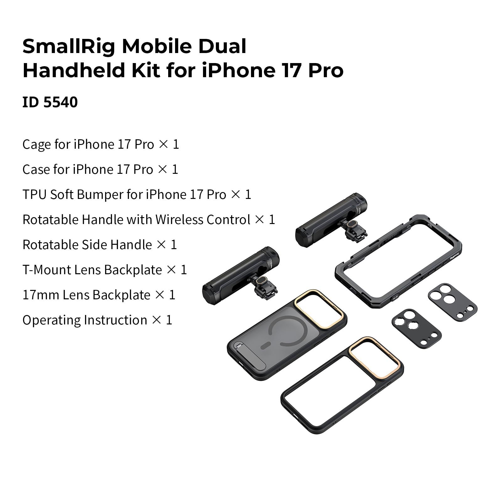 SMALLRIG Zestaw Phone Video Cage Dual Handheld do iPhone'a 17 Pro, Phone Rig z bezprzewodowym uchwytem bocznym z szybkim zwalnianiem, mocowaniem typu T 17 mm i tylną płytką obiektywu - 5540