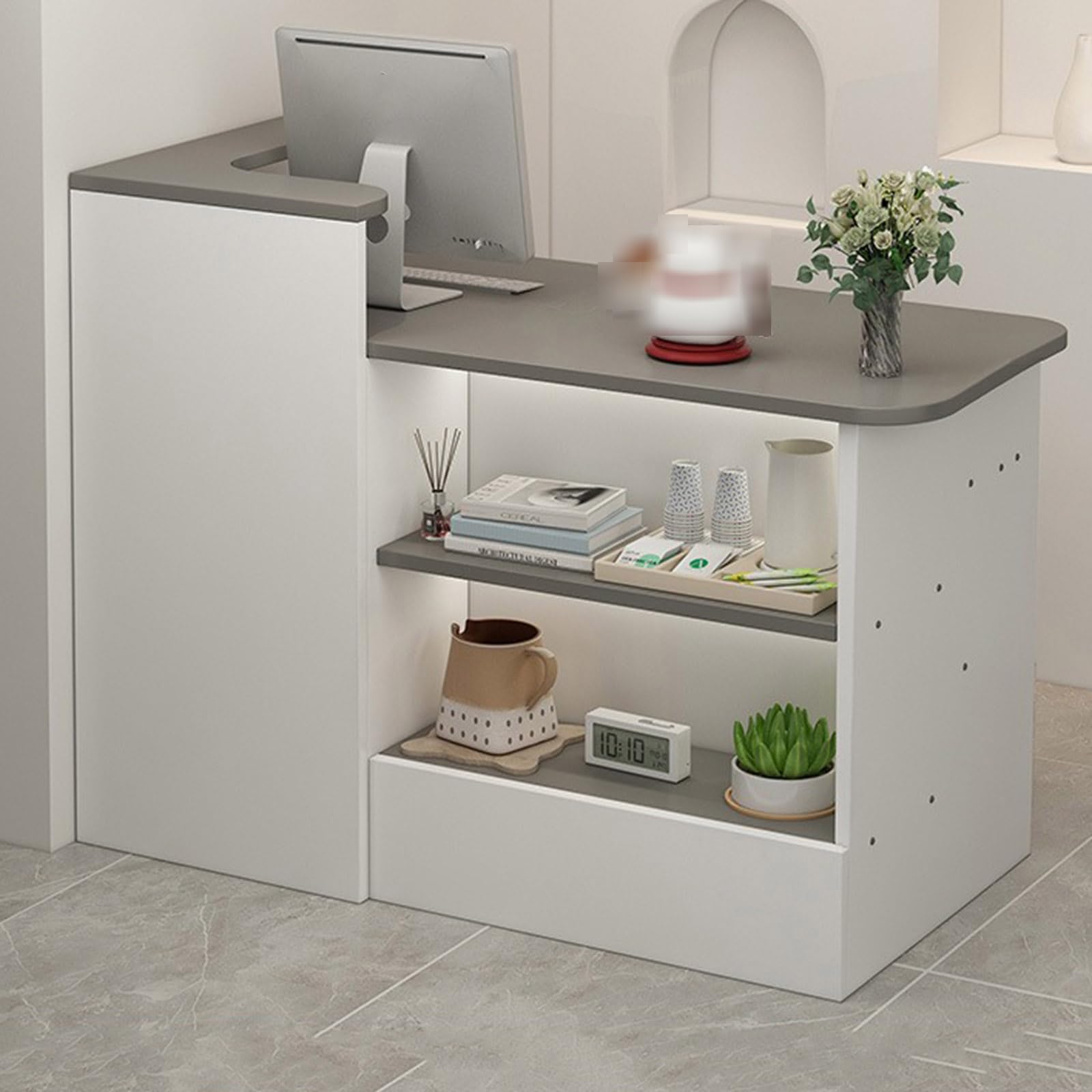 Moderno banco reception a forma di L con ripiani aperti e cassetti, elegante banco cassa per vendita al dettaglio, salone di bellezza, hotel, minimarket, postazione versatile