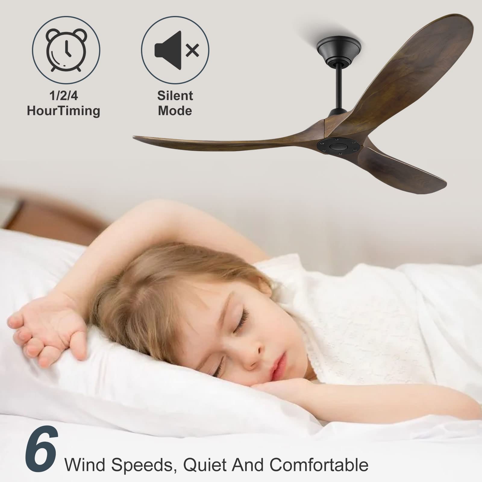 177cm Deckenventilator Groß ohne Licht, Deckenventilatoren Holz mit Fernbedienung, Deckenventilator Leise Schlafzimmer, 1/4/8 Timing, Speicherfunktion, DC Motor für Innen/Außen，Große Windmenge