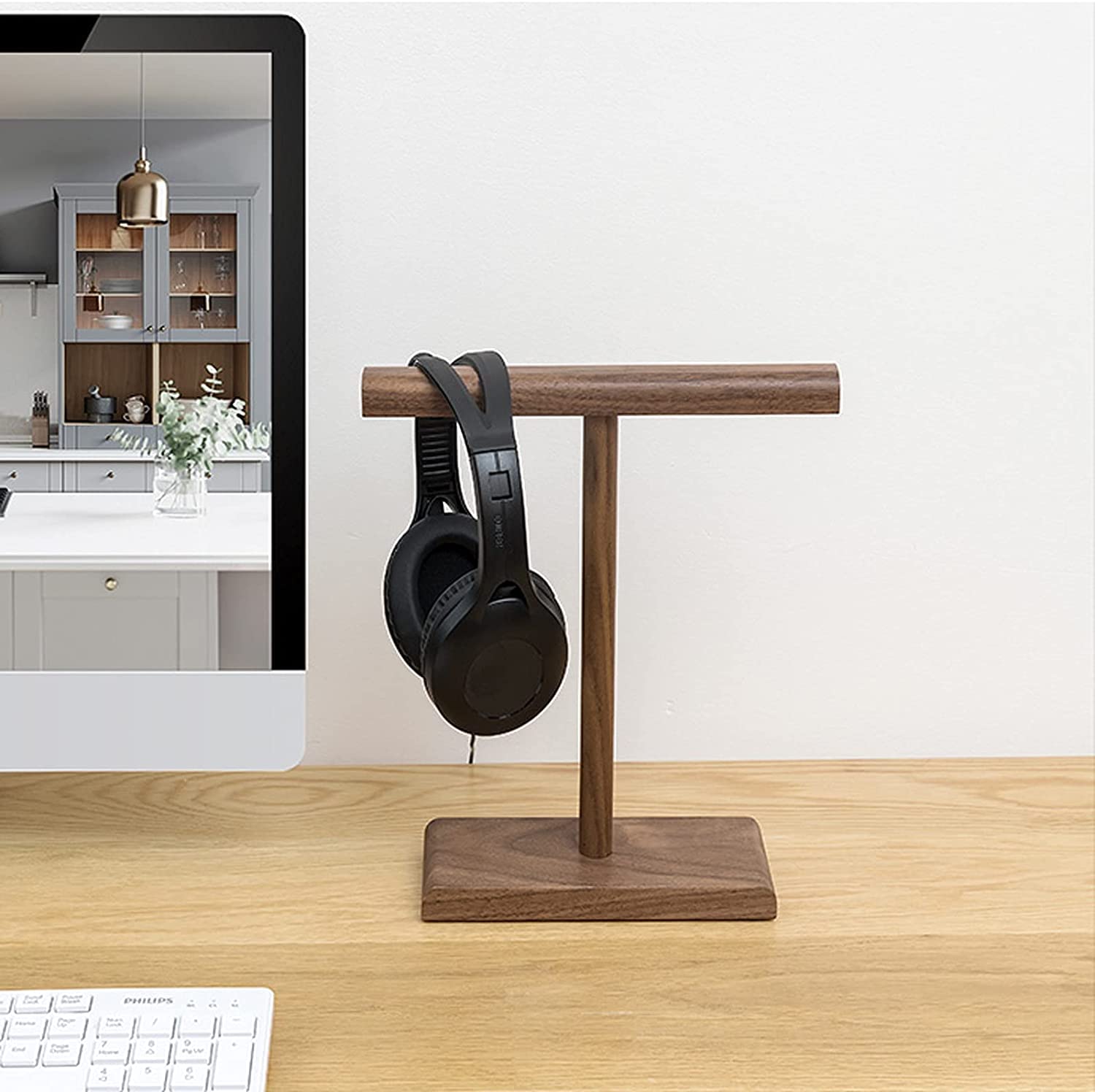 Gaming Accessori Supporto per Cuffie Doppio per Scrivania Supporto per Cuffie da Gioco in Legno di Faggio E Noce Gancio per Cuffie con Display Creativo Stand Over-Ear da Gioco(Beech)