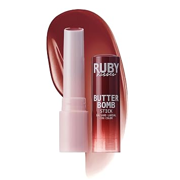 Ruby Kisses Butter Bomb Lip Balm, High Shine Tinted Lip Gloss, Ultra Hydrating Melting Lipstick With Shea Butter for Plumped Look, Lightweight Buildable Color With Glowy Glass Finish Cinnamon Roll