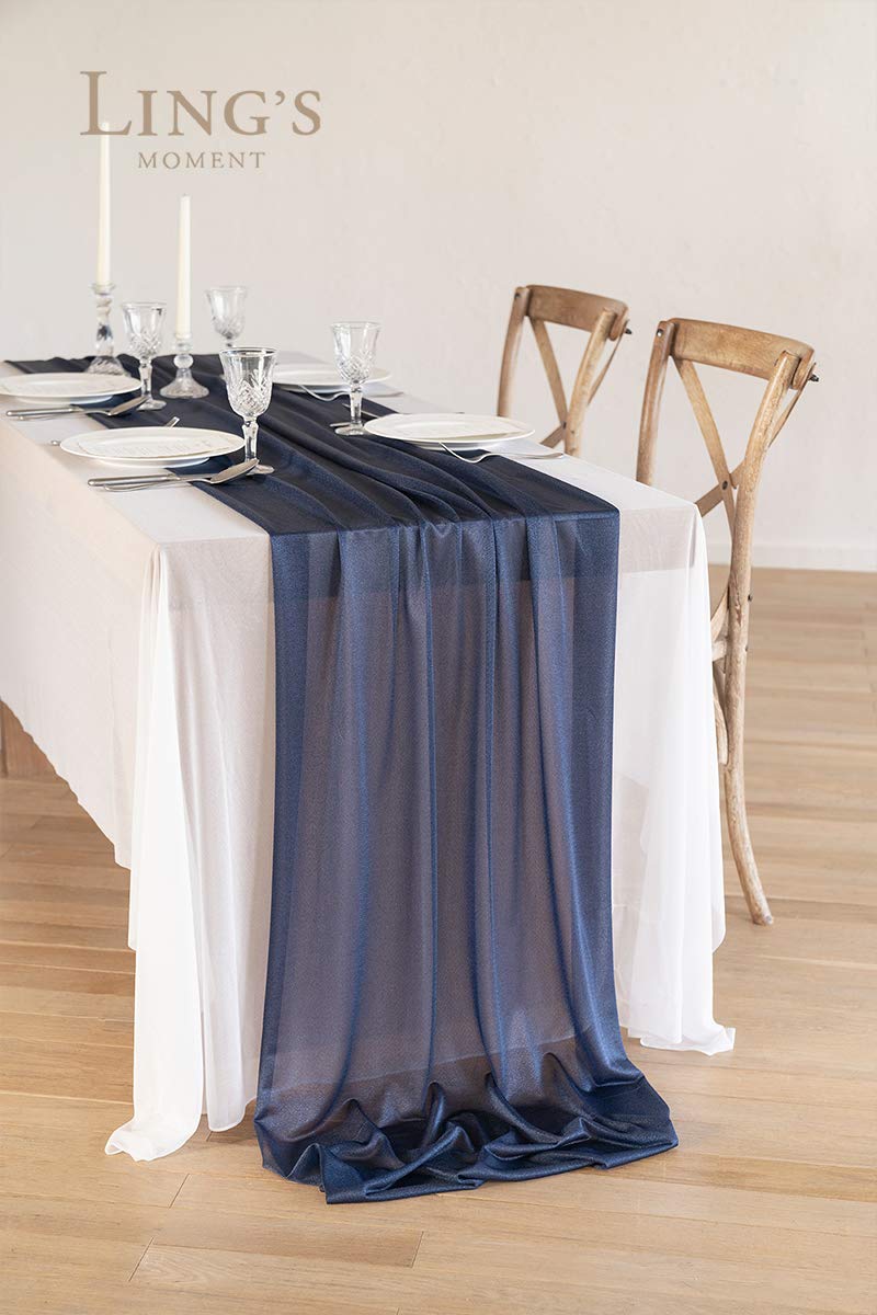 SHERWAY Navy Blue Chiffon Wedding Table Runner - 27 X 168 Inches, Extra Long 14FT - View #10