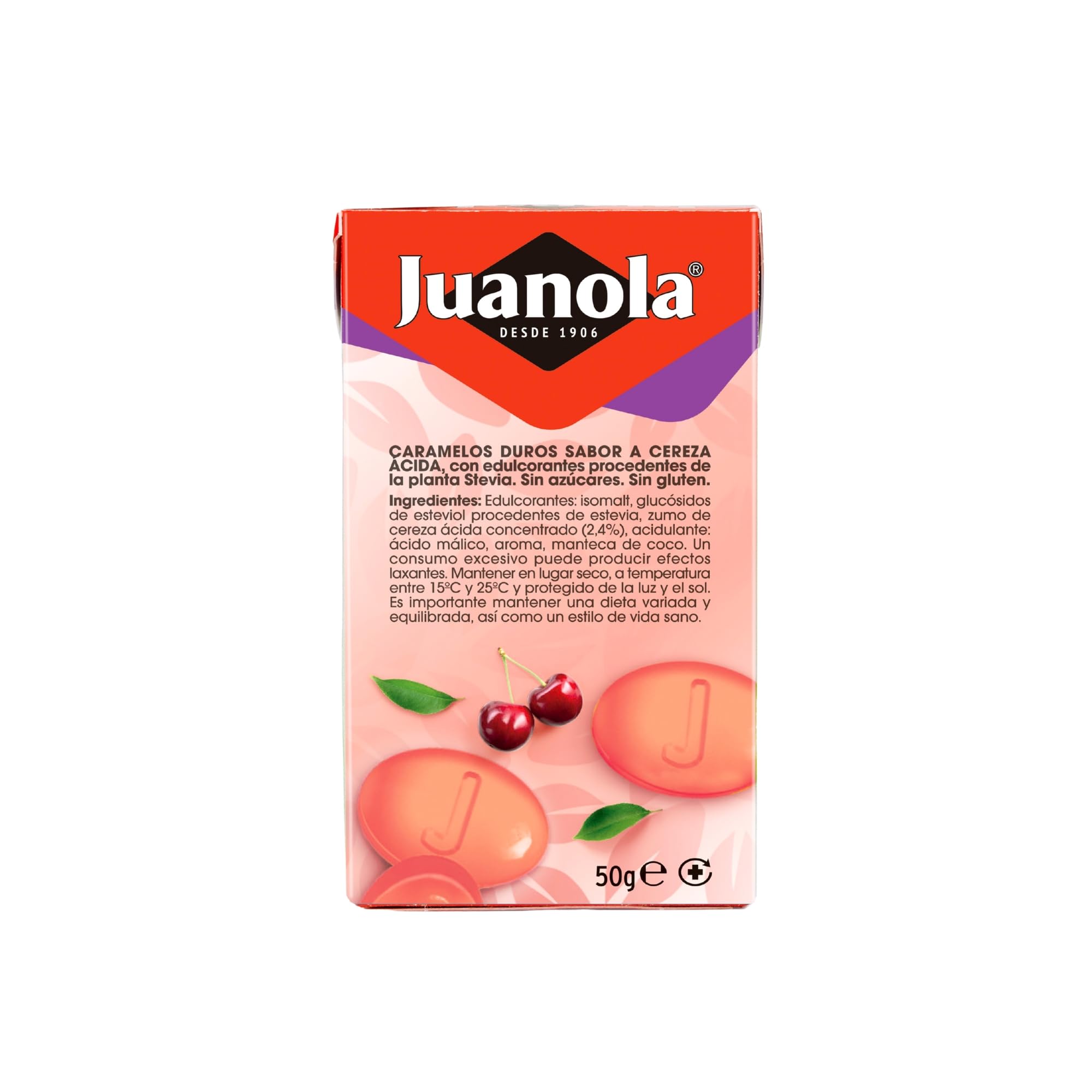 Juanola Caramelos Sabor Cereza - Sin azúcar, sin gluten - Con edulcorantes procedentes de la planta Stevia - Cómodo formato de bolsillo - Explosión de sabor en tu boca - Pack 20 uds