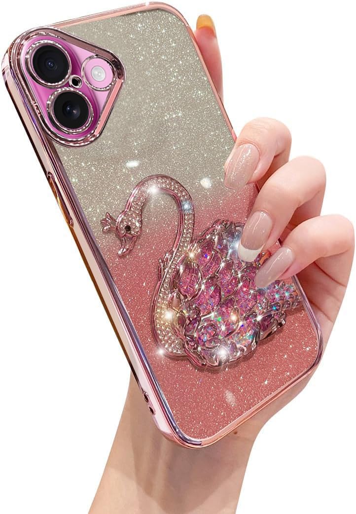 Elzzi Compatible with iPhone 16 Case Rhinestone Swan Cover, Sparkling Moving Glitter Cute Bling with Full Camera Lens Protection Shockproof PC+TPU Glossy Shiny Cases for Girls Women, Pink (B0DG61828D) Amazon Price History, Amazon Price Tracker