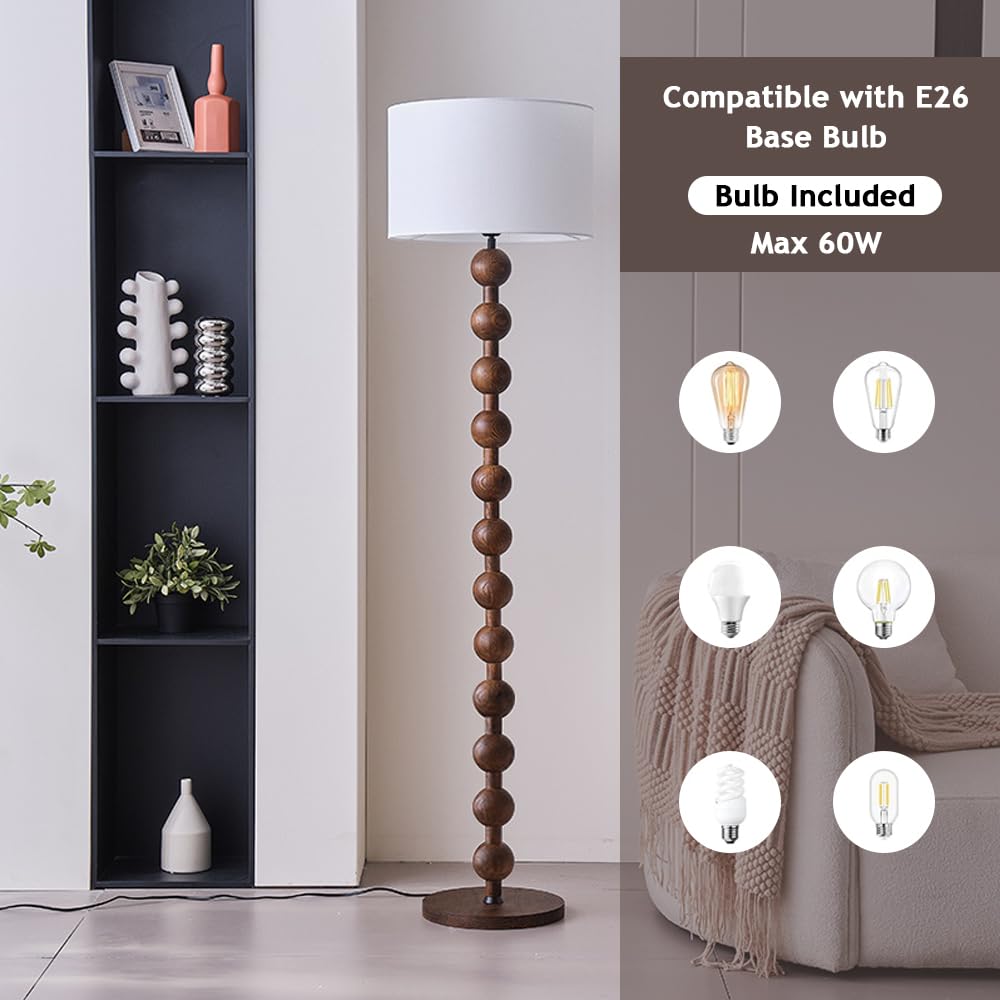 Okrągła drewniana lampa podłogowa w stylu połowy wieku, 160 cm, z lnu z diodami LED E26, możliwość ściemniania, z tkaniny, idealna do czytelni, biura, salonu lub sypialni.