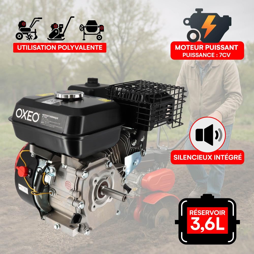 Moteur thermique 4 temps 7CV - 210cm³ - Moteur OHV monocylindre arbre 19.05mm - 3600 tr/min - Alerte huile - Refroidissement air