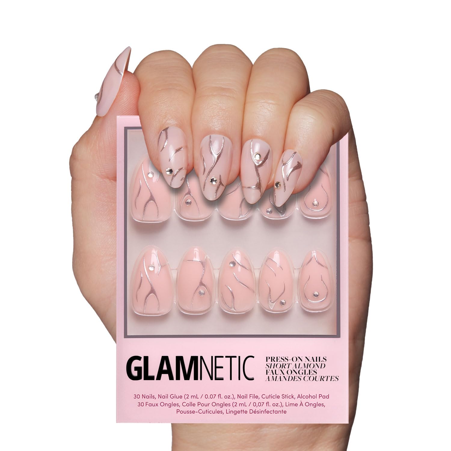 Glamnetic Press On Nails - All Time Love | Glossy, Semi-Transparent, Short Almond French Tip Nails with Leaf Accents, Salon Quality | 15 Sizes - 30 Nail Kit with Glue — view 17