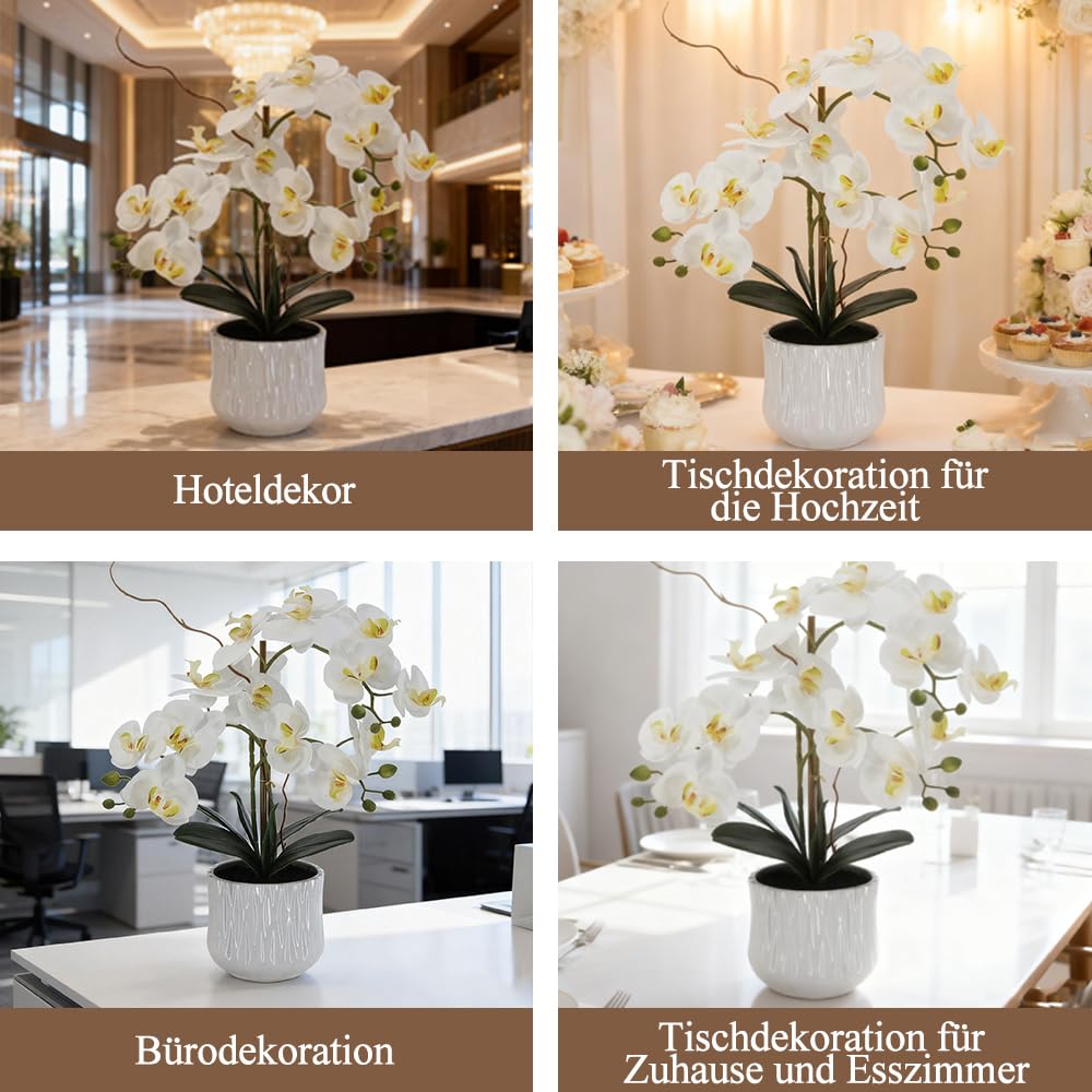 21" 53cm künstliche Orchideenblüten fühlen sich echt an, gefälschte Orchideen-Phalaenopsis-Pflanze im Keramiktopf Kunstorchideen-Seidenblumenarrangement für Heimbüro-Tisch-Badezimmer, doppelte Stiele