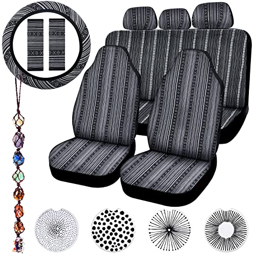 Frienda 14 Pcs Baja Car Seat Covers Full Set Multicolor Stripe Car Seat Covers Boho Print Steering Wheel Cover Seat Belt Cover Crystal Hanging Ornament Car Holders Fits for Car(Vintage Style)