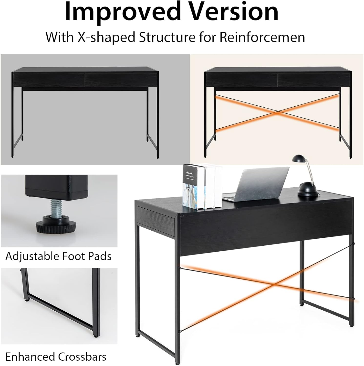 Tangkula Computer Desk with 2 Drawers, Simple Wooden Study Writing Desk with Steel Frame, 44 Inches Laptop PC Workstation, Student Desk Home Office Desk Ideal for Bedroom & Office (Black)