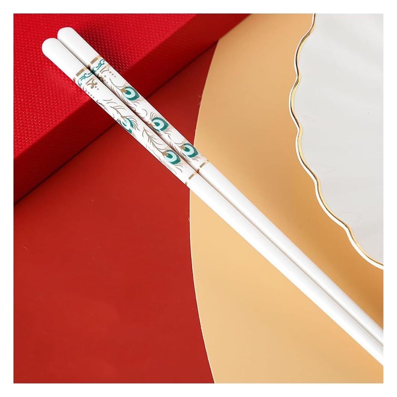 Jeu de baguettes, Coffret cadeau de baguettes réutilisables paon Premium, 10 paires, avec étui, en céramique d'os haute qualité