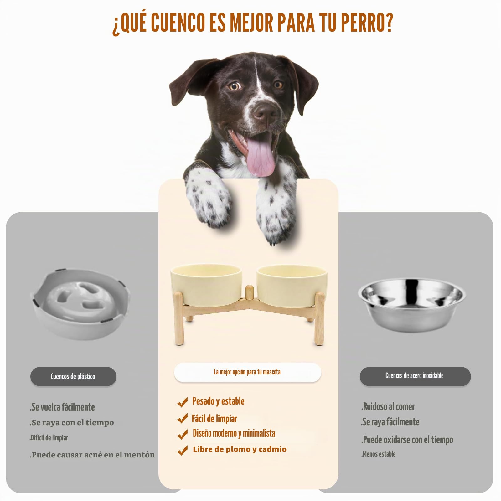 Comedero Perro Elevado de Cerámica 850 ml – Cuenco Doble con Soporte de Madera Antideslizante – para Comida y Agua – Ideal para Perros Pequeños y Medianos – Fácil de Limpiar