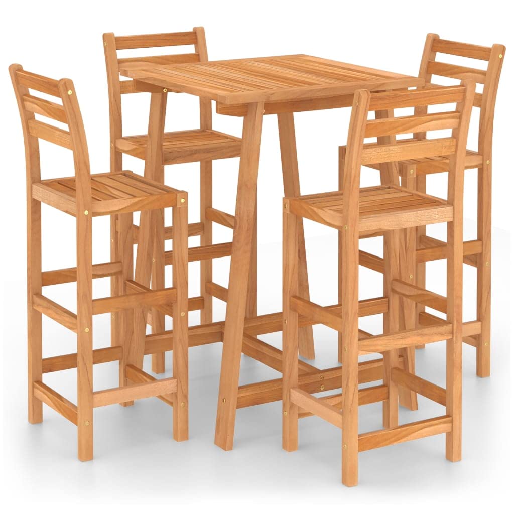 Juego de 5 piezas de muebles de bar de madera maciza de acacia para jardín, bar o patio, taburetes de bar con respaldo y reposapiés