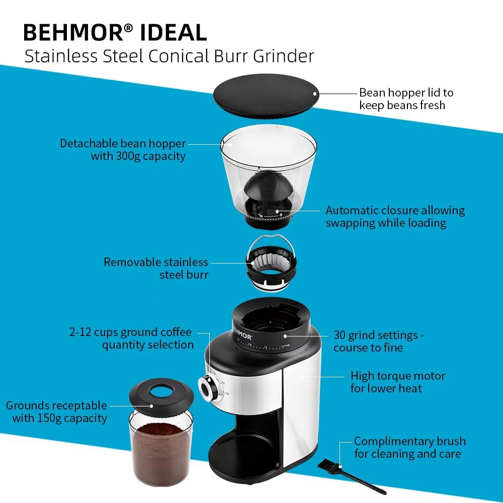 Coffee Grinder, Behmor Ideal Conical Burr Grinder, 30 Grind Settings, 2-12 Cup Capacity, 300g Bean Hopper, Low Noise, Auto Bean Closure