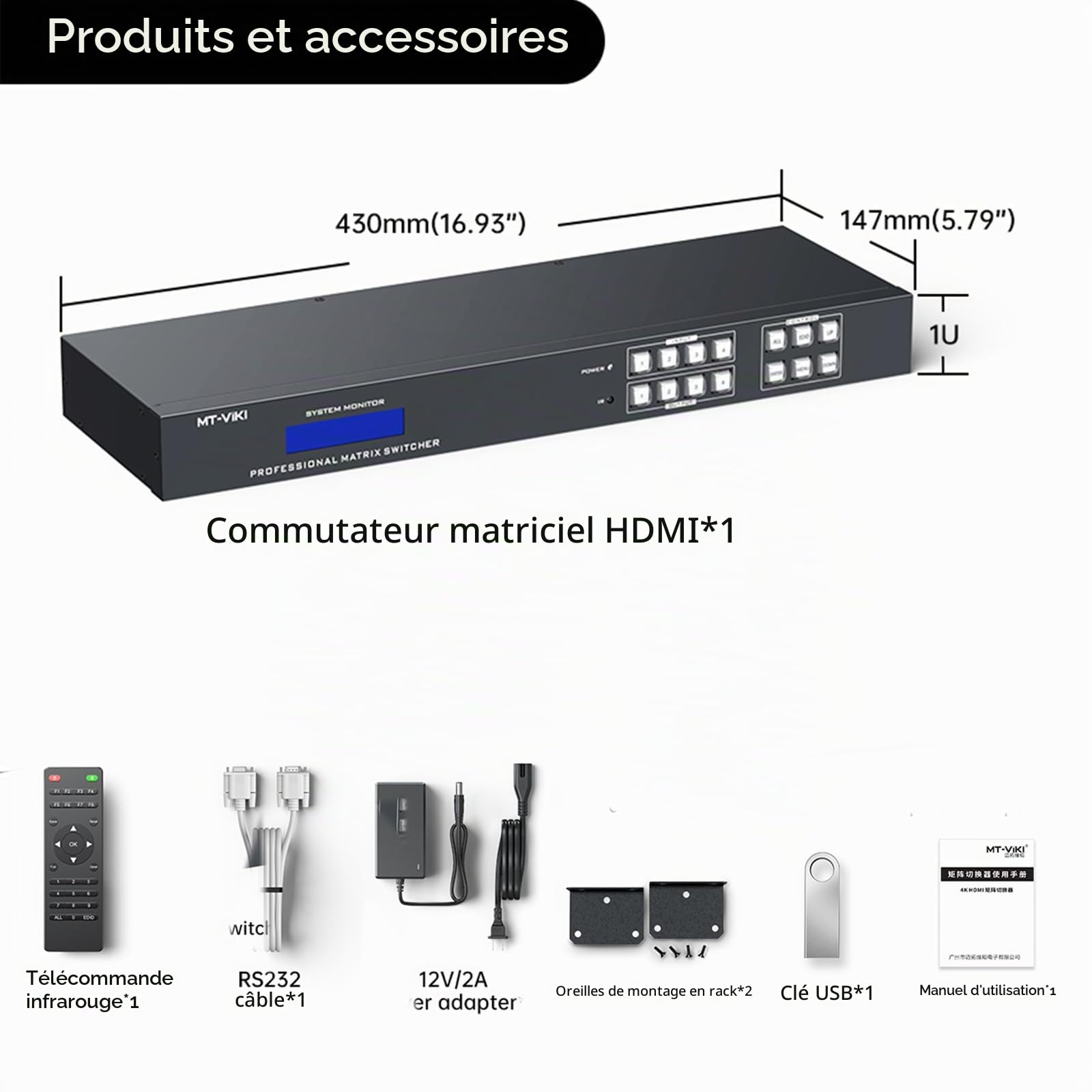 MT-VIKI Commutateur matriciel HDMI 4 x 4 4 avec extracteur Audio stéréo 3,5 mm + Interface Graphique Web, commutateur et répartiteur, 4K @ 30 Hz, EDID, RS232, Port LAN, Application (4 en 4 Sorties)