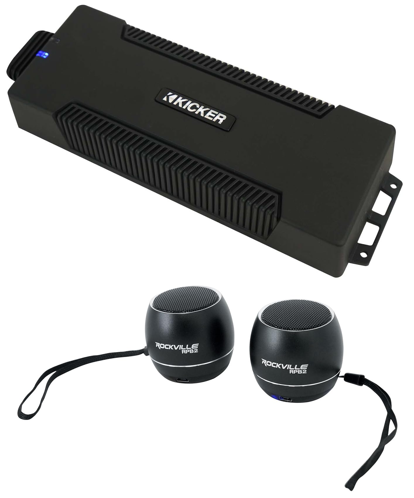Audiosavings Bundle: (1) Kicker 48PXA10005 1000 Watt 5-Channel Amplifier Bundle with (2) Rockville RPB3-BLACK Handheld Wireless Linking Portable Bluetooth Speakers (3 Items)