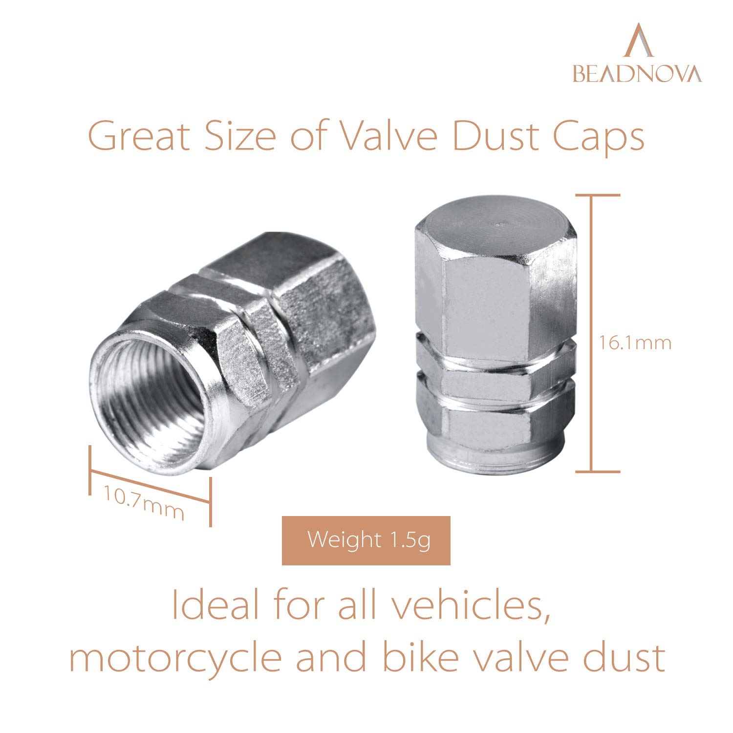 BEADNOVA Valve Stem Caps Aluminum Chrome Caps for Tires Valve (12pcs Pack,Silver)