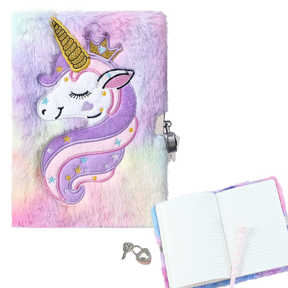 Loiisgy Unicorn Diary for Girls with Lock and Keys, Magic Unicorn Notebook, Plush Secret Diary Notebook with 160 Lined Pages for Writing and Drawing, Cute Stationery Unicorn Gift for Girls