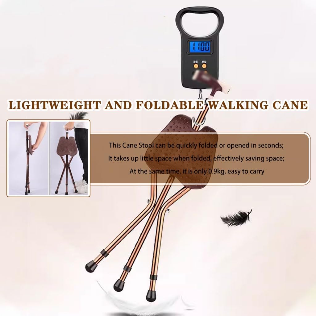 Bastón Bastón Extensible Silla con Muleta De Altura Ajustable, Taburete De Caña con Asiento En Forma De Mariposa, Andador Ligero Portátil, con Luz LED(Brown Color)