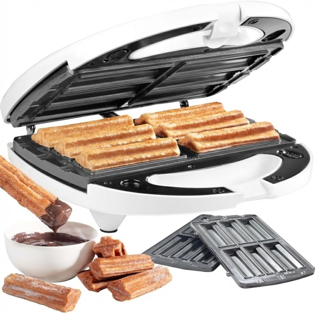 Churro Maker Machine- Make 6 Churros at Once w Electric, Non-Stick Baker | Easier than Manual Cookie Press Gun Set- Easy Use Cooker Machine w BONUS Empanada Plates, Authentic Mexican Cuisine, Dessert