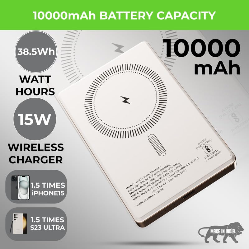 Image of UltraProlink 10000 mAh Slimmest Wireless Magnetic Mag-Safe Power Bank | 22.5W Type C Port with PD-PPS Support | for iPhone Series 16,15,14,13 | Made in India |Titanium|UM1124 | Juice-Up Mag 4