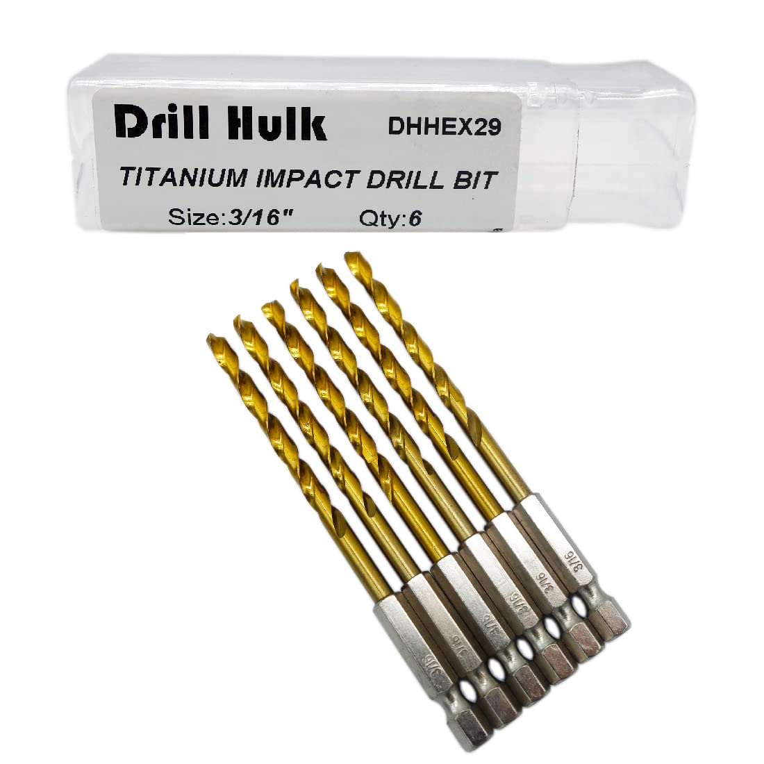 Pack of 6, 3/16-Inch Titanium Nitride Coated Drill Bit, Hex Shank, Premium M2 High Speed Steel, for Metal, Plastic, Wood