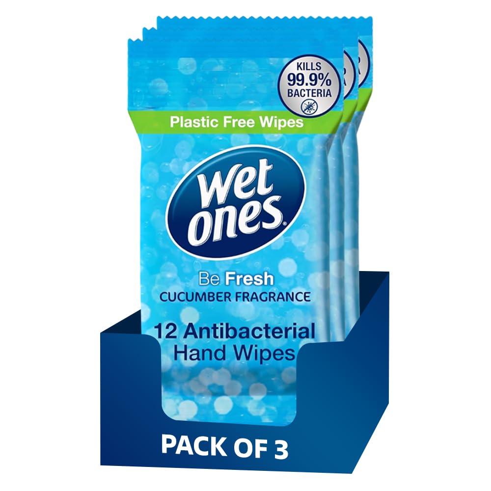 3 Pack Wet Ones Antibacterial Hand Wipes – 36 Wipes, Plastic Free, Cucumber Fragrance, Travel Size Hand Cleaning Wipes for Home, Office, School Car Travel Everyday Fresh Cleaning & On the Go Use