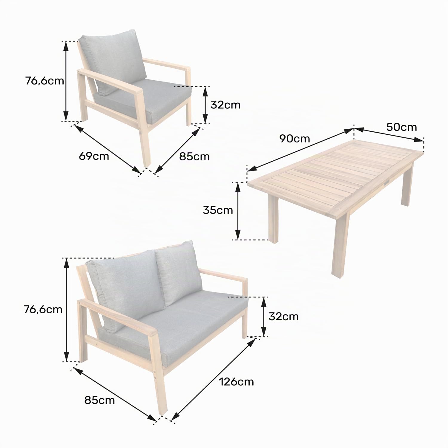 Happy Garden Salon de Jardin Gili en Acacia avec Coussins Sable. Ensemble canapé, fauteuils et Table Basse d'extérieur pour 4 Personnes