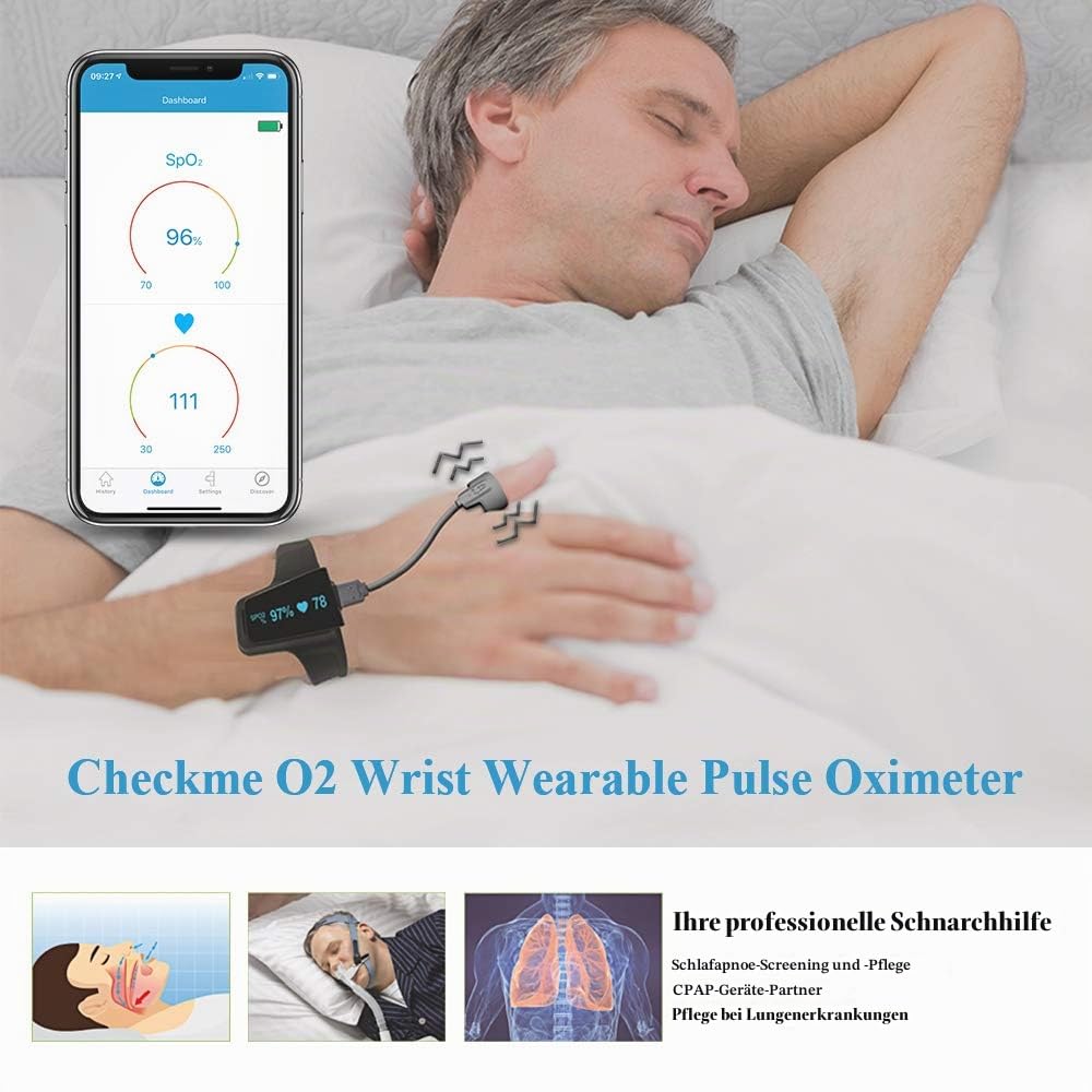 Pulsoximeter, Sauerstoffsättigung Messgerät Finger und Handgelenk mit Bluetooth und Vibration Alarm für Schnarchen, tragbarer Schlafmonitor mit kostenlosem APP&PC-Bericht