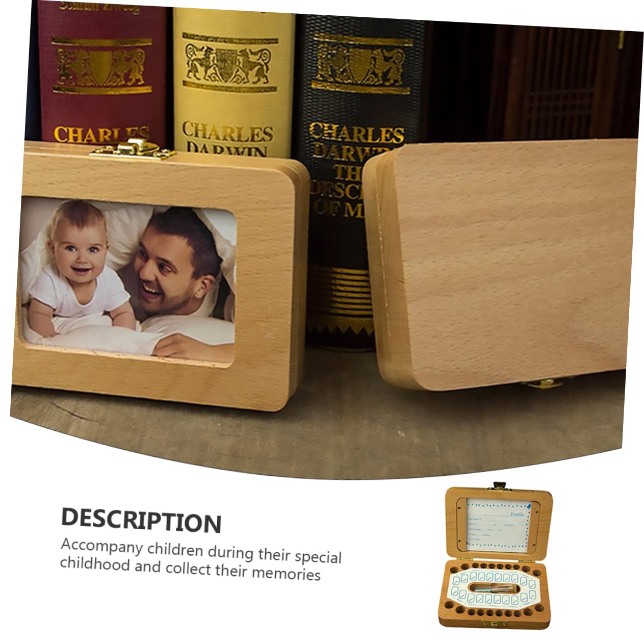 Caja para Dientes de Leche de Madera 1 Juego para Bebés | Incluye Stickers, Guarda Fotos de Ñiño y Datos de Nacimiento, Espacio para Pelo Fetal, Formato Infantil