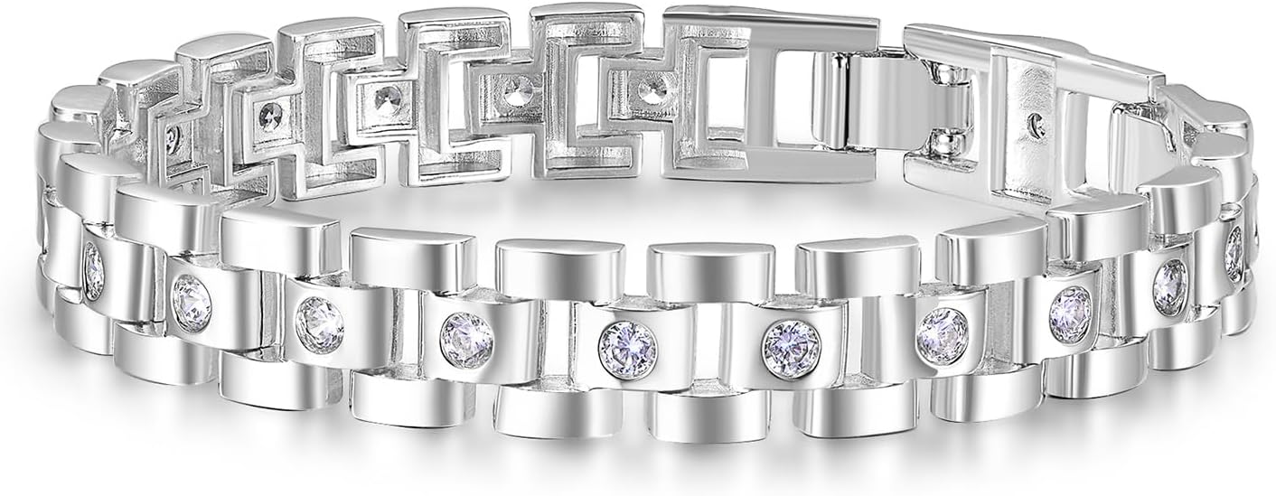 Mens Stainless Steel Bracelet, 7.5/8 inches Dainty Hiphop Cuban Link Chain Bracelet White Gold and 14K Gold Plating